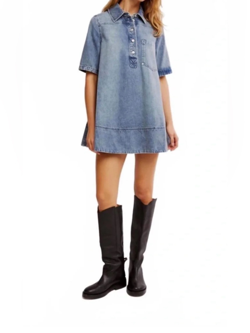 NWT Free People Denim Short Sleeve Collared Mini Dress - M